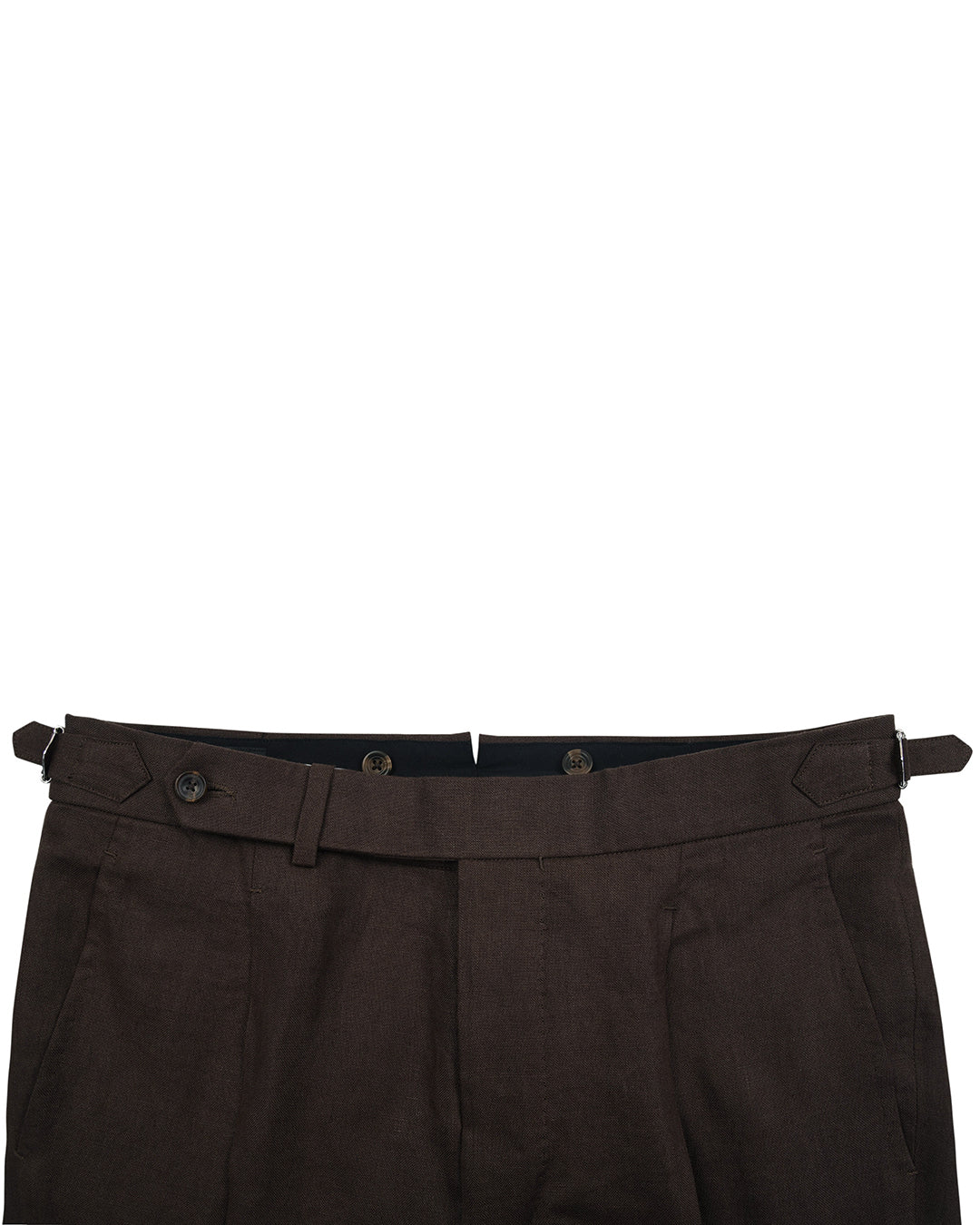 Front view of custom linen pants for men by Luxire in dark brown