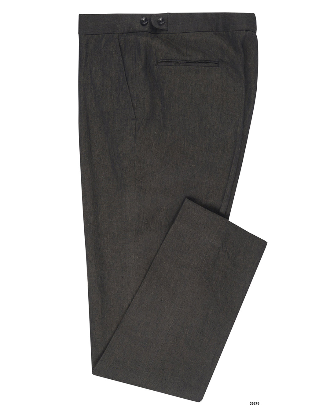 Side view of custom linen pants for men by Luxire in dark brown