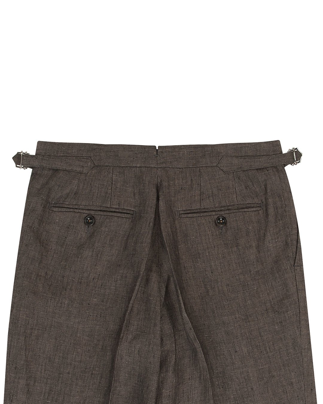 Back view of custom linen pants for men by Luxire in drab brown