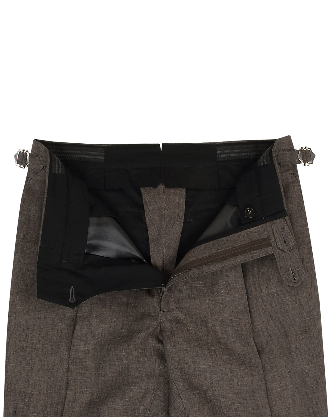 Front open view of custom linen pants for men by Luxire in drab brown