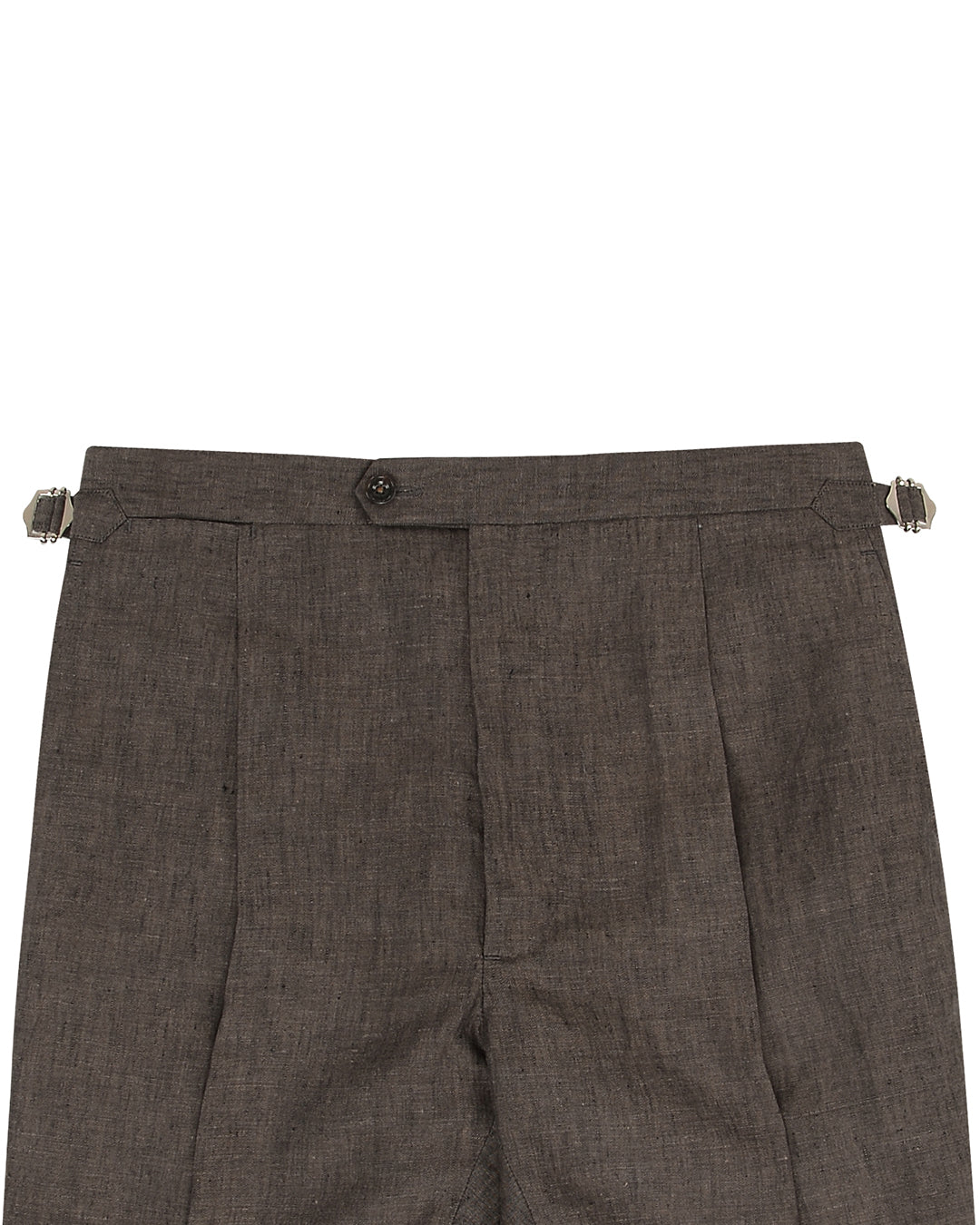 Front view of custom linen pants for men by Luxire in drab brown
