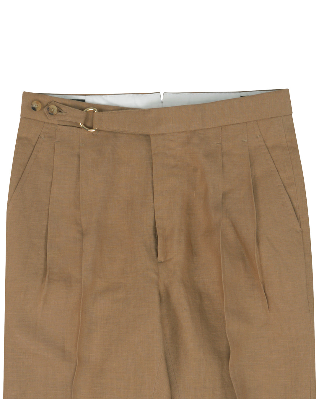 Front view of custom linen pants for men by Luxire in golden brown