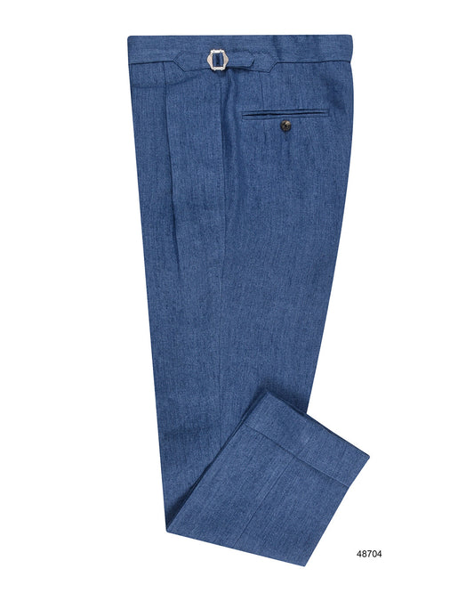 Side view of custom linen pants for men by Luxire in indigo blue