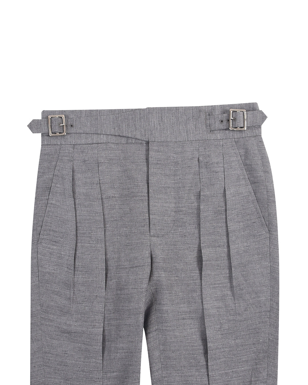 Front view of custom linen pleated pants for men by Luxire in light grey