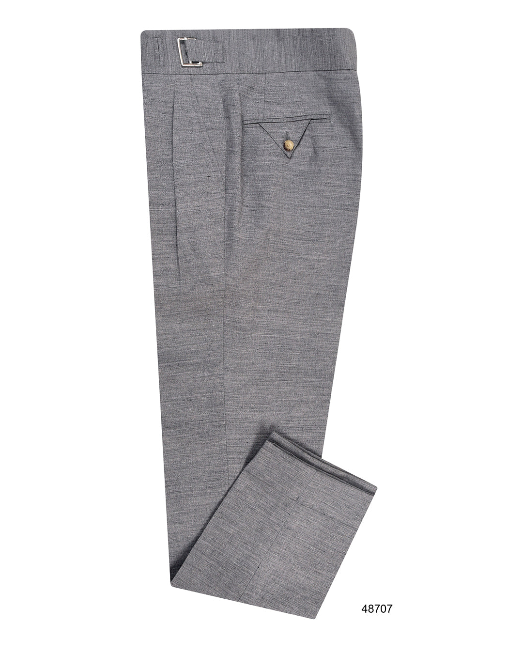 Side view of custom linen pleated pants for men by Luxire in light grey