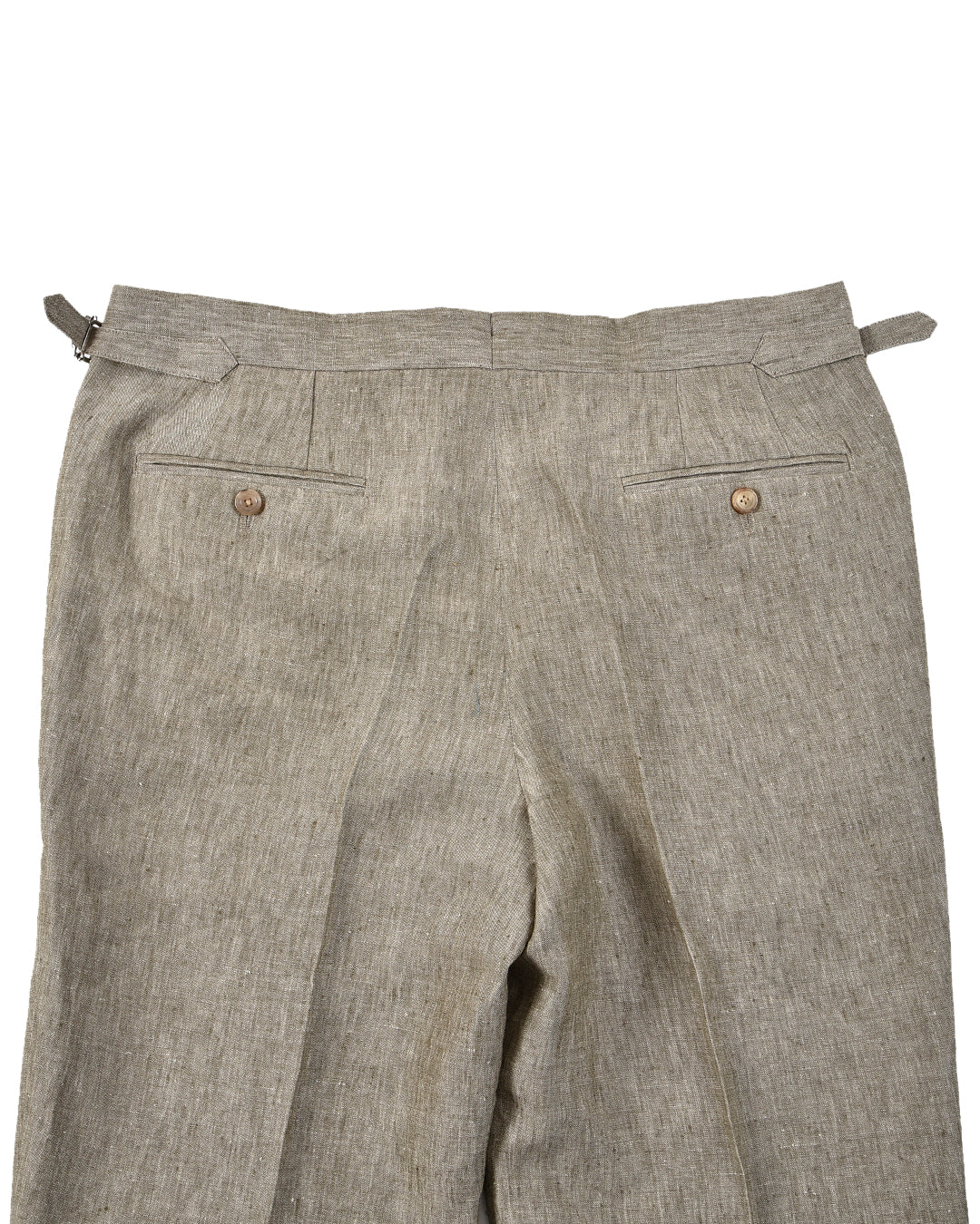 Back view of custom linen pants for men by Luxire in light olive