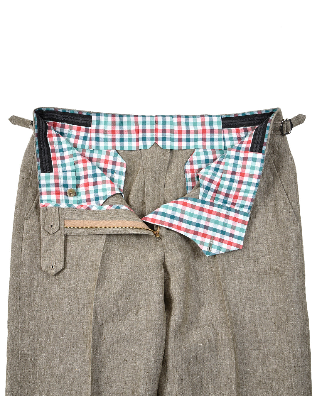 Front open profile view of custom linen pants for men by Luxire in light olive