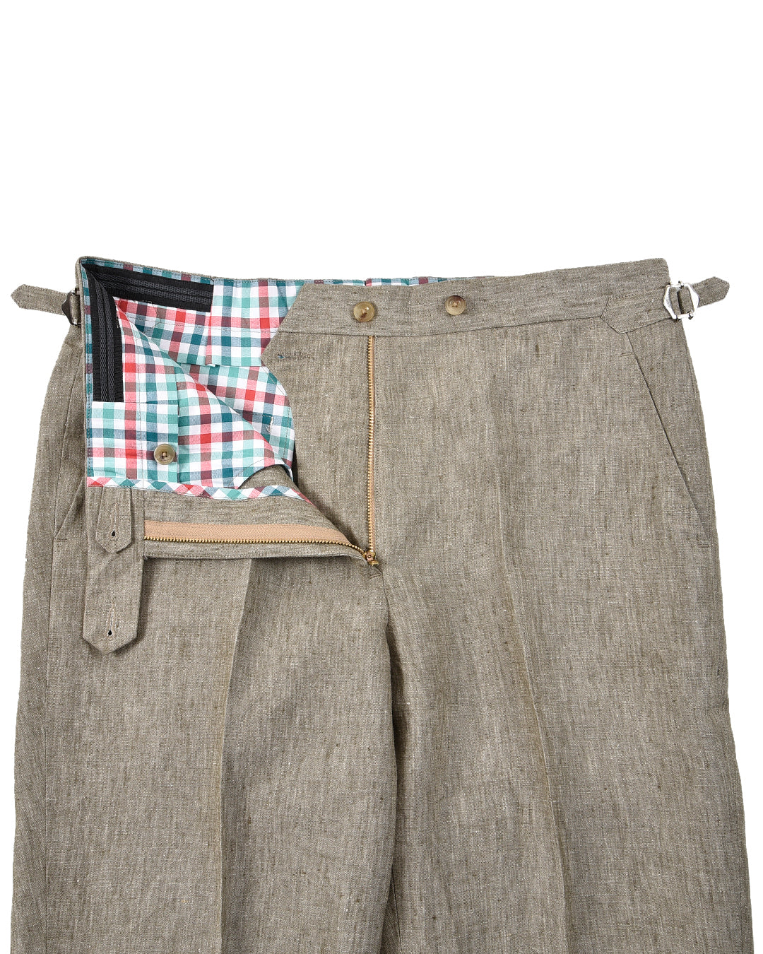 Front open view of custom linen pants for men by Luxire in light olive