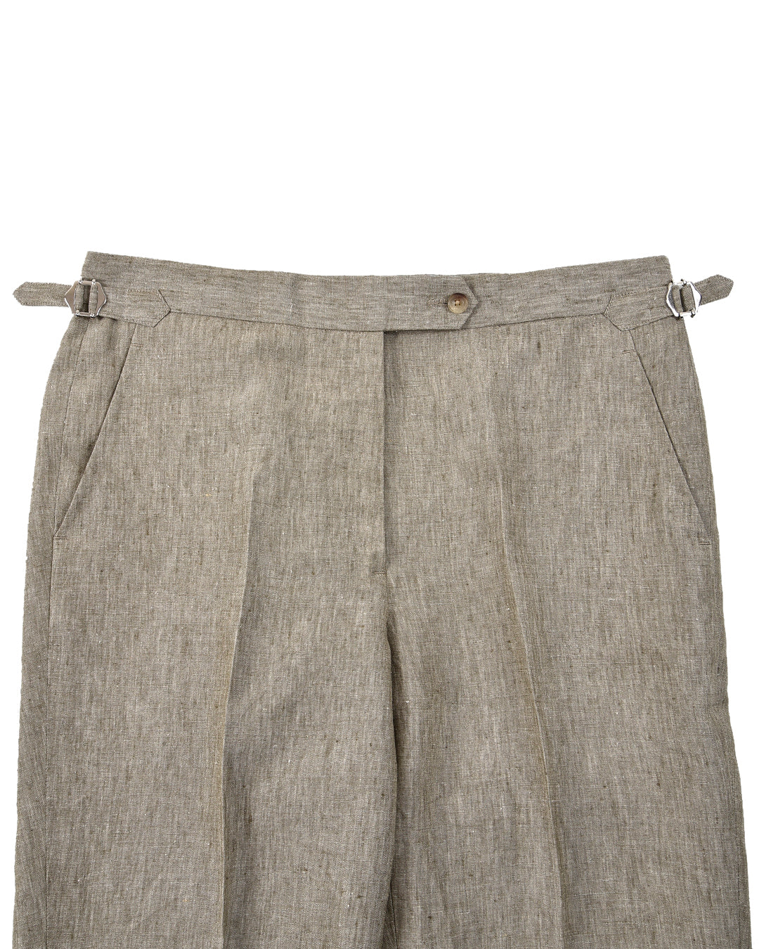 Front view of custom linen pants for men by Luxire in light olive