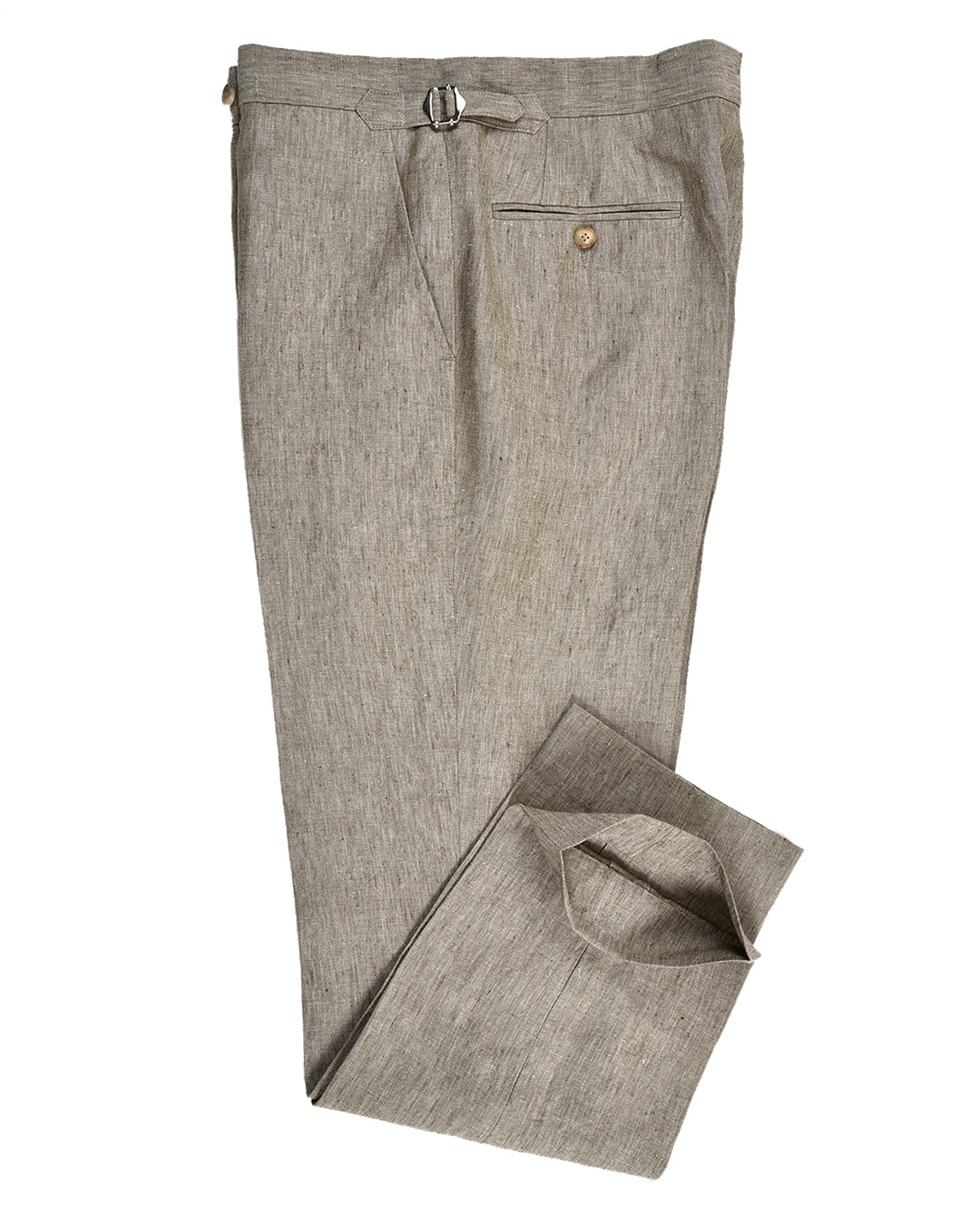 Side profile view of custom linen pants for men by Luxire in light olive