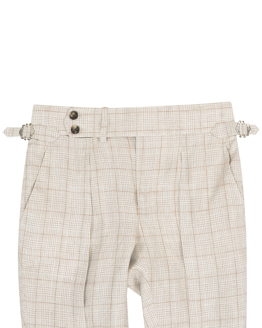 Front view of custom linen pants for men by Luxire in light tan plaid