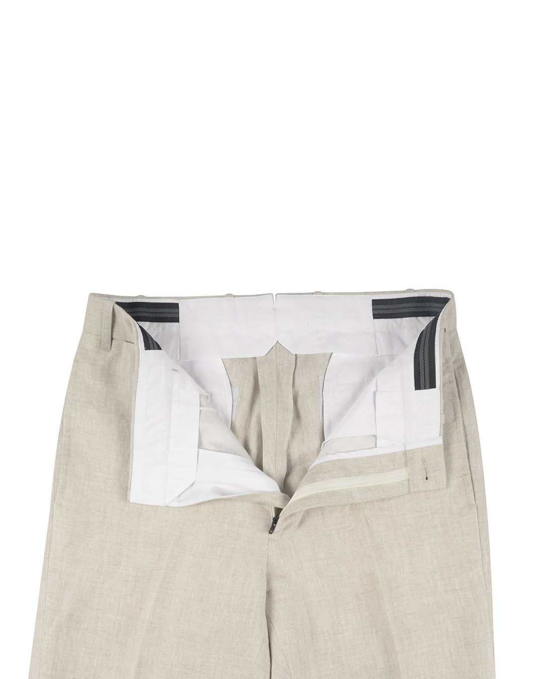 Front open view of custom linen suiting pants for men by Luxire in muslin