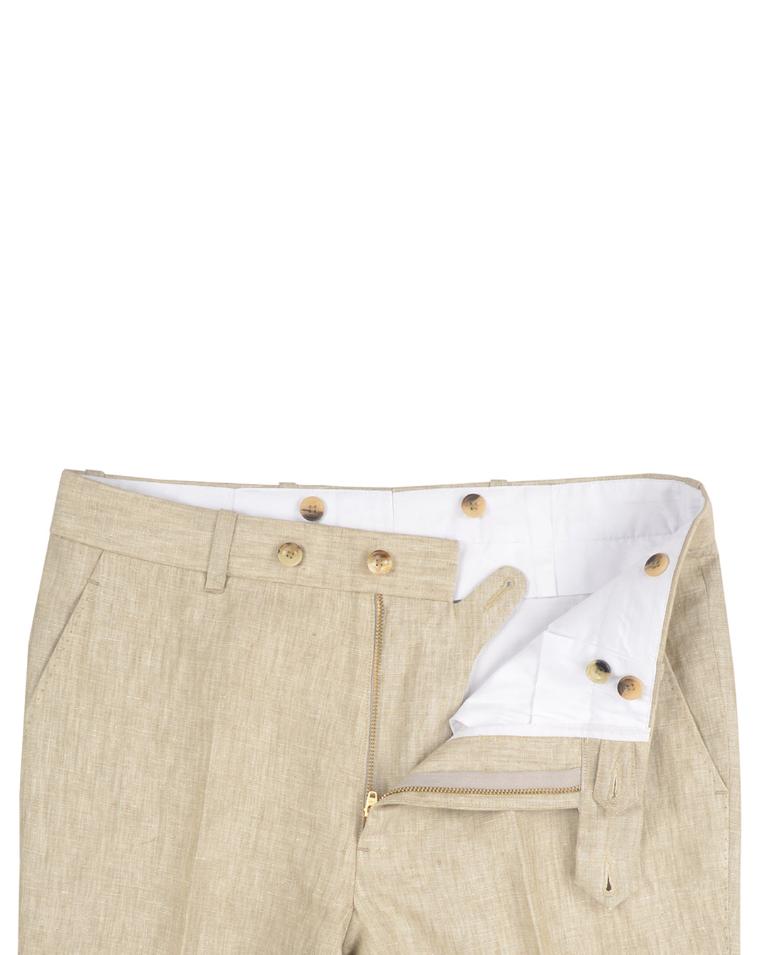 Front open view of custom linen pants for men by Luxire in natural ecru