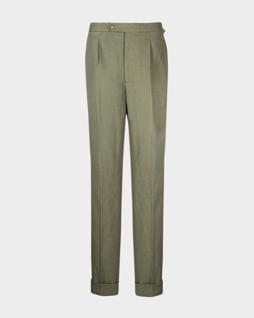 Front view of custom linen canvas pants for men by Luxire in olive green