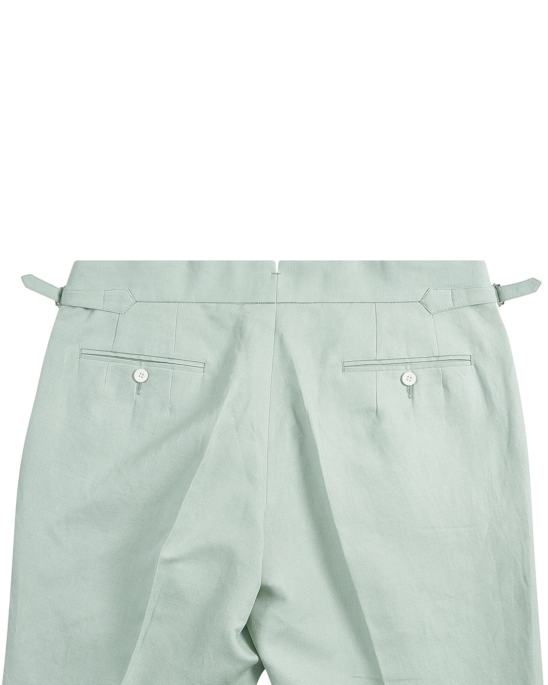Back view of custom linen canvas pants for men by Luxire in pale green