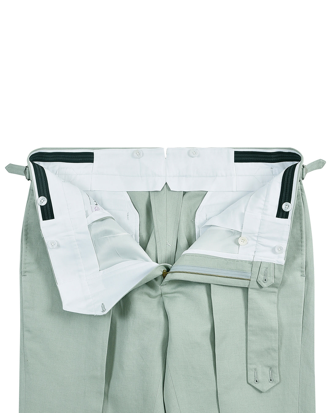 Front open view of custom linen canvas pants for men by Luxire in pale green