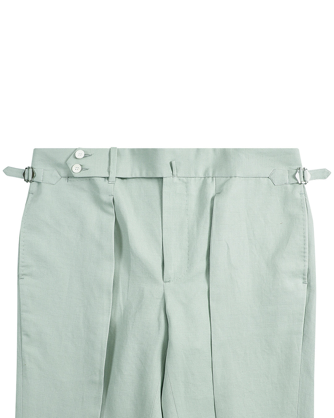 Front view of custom linen canvas pants for men by Luxire in pale green
