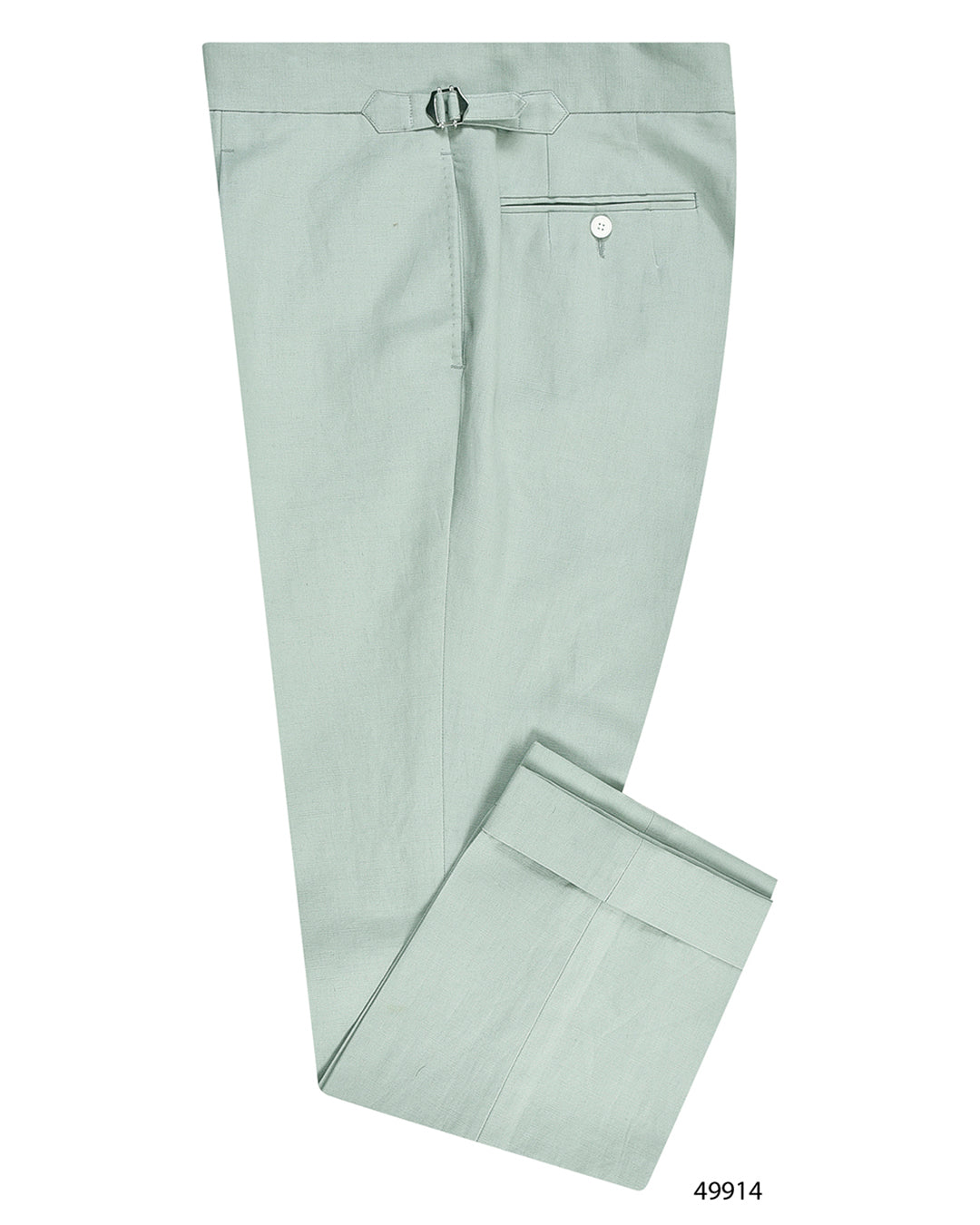 Side view of custom linen canvas pants for men by Luxire in pale green