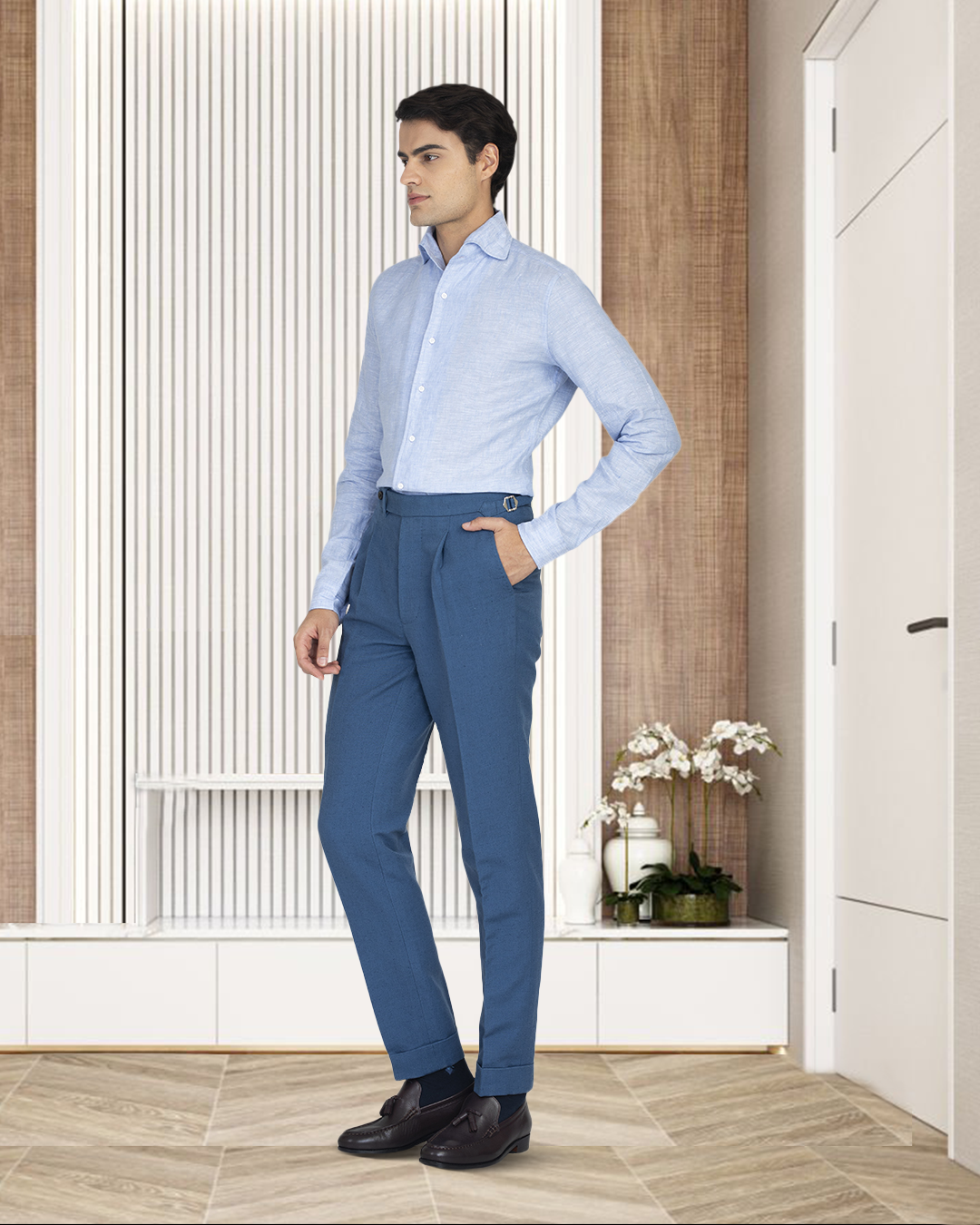 blue dress pants men outfit Custom Men's Linen Pants in Steel Blue Linen Cotton Canvas — Luxire Custom Clothing