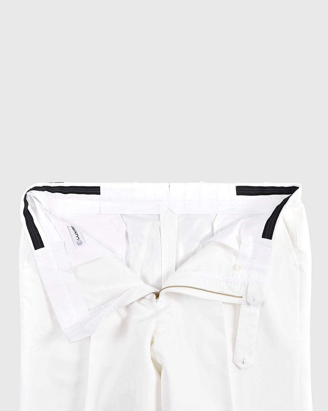 Front open view of custom linen pants for men by Luxire in white