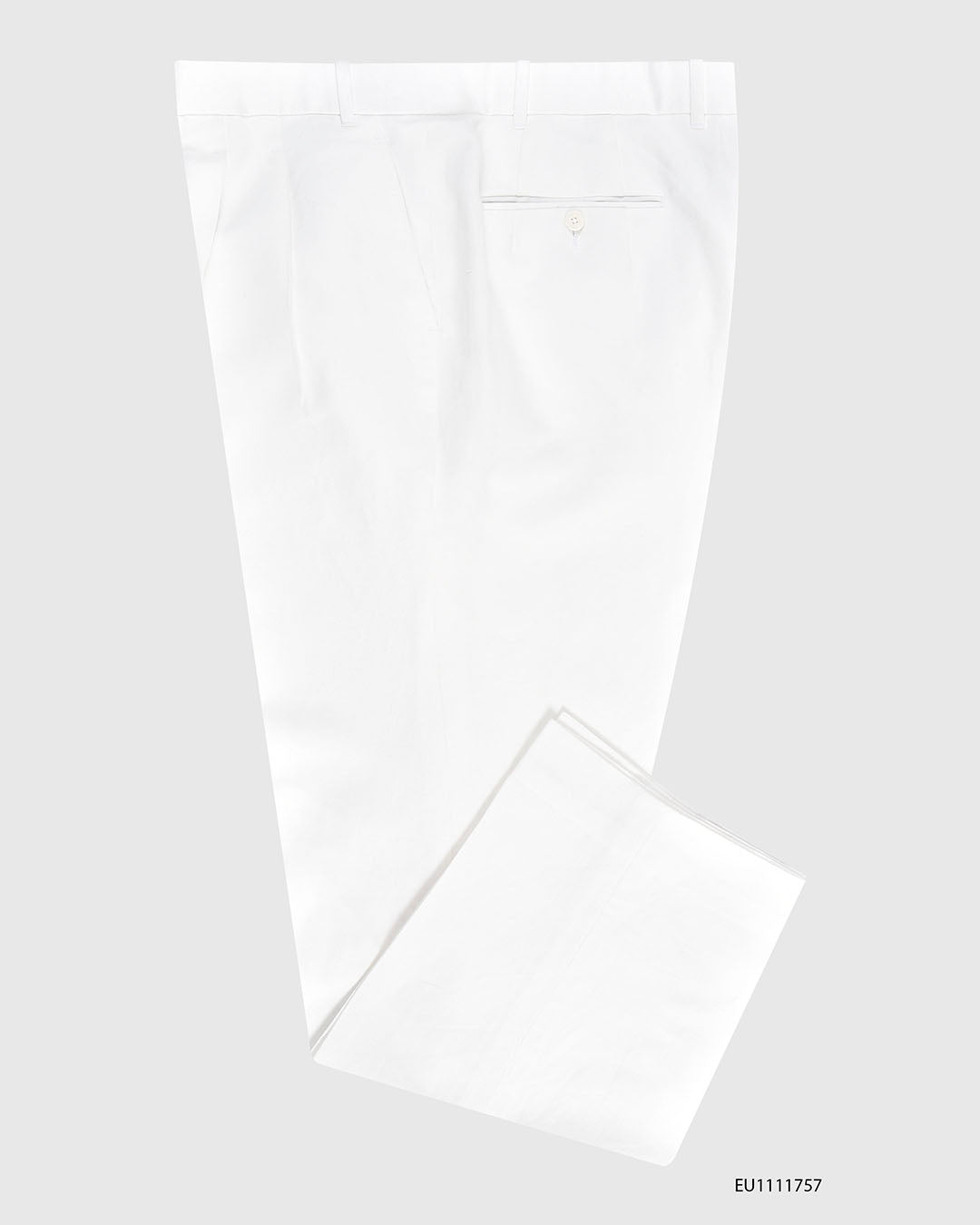 Side profile view of custom linen pants for men by Luxire in white