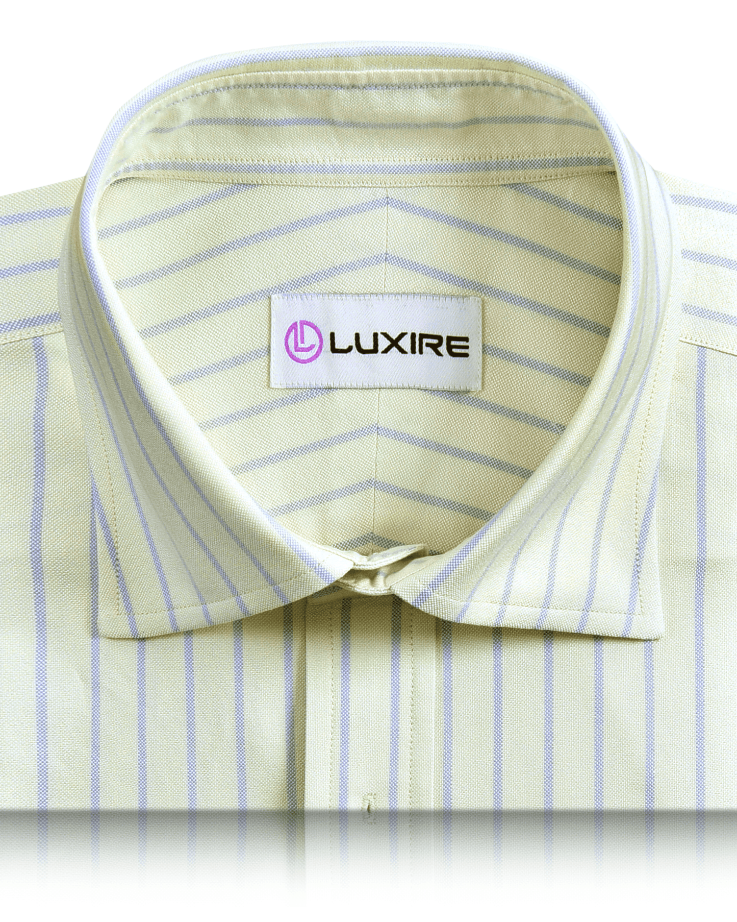 Collar of the custom oxford shirt for men by Luxire in moss green with blue stripes
