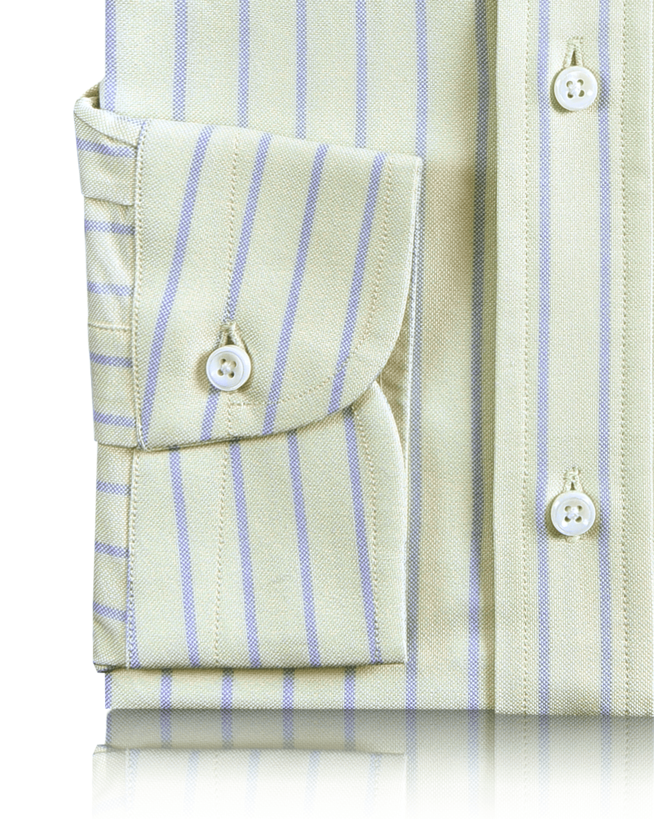 Cuff of the custom oxford shirt for men by Luxire in moss green with blue stripes