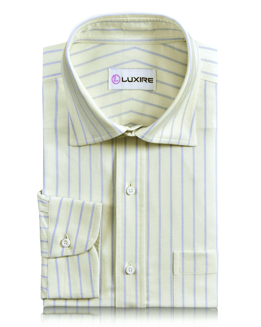 Front of the custom oxford shirt for men by Luxire in moss green with blue stripes