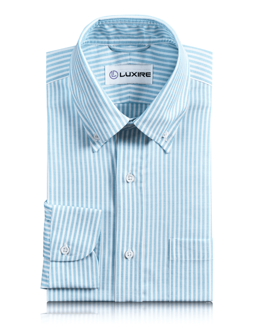 Front of the custom oxford shirt for men by Luxire in ferozi blue on white university stripes