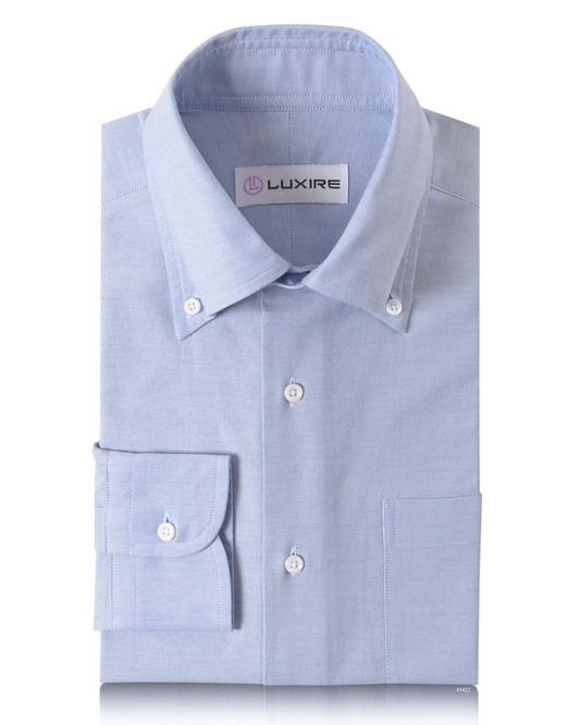 Front of the custom oxford shirt for men by Luxire in classic blue