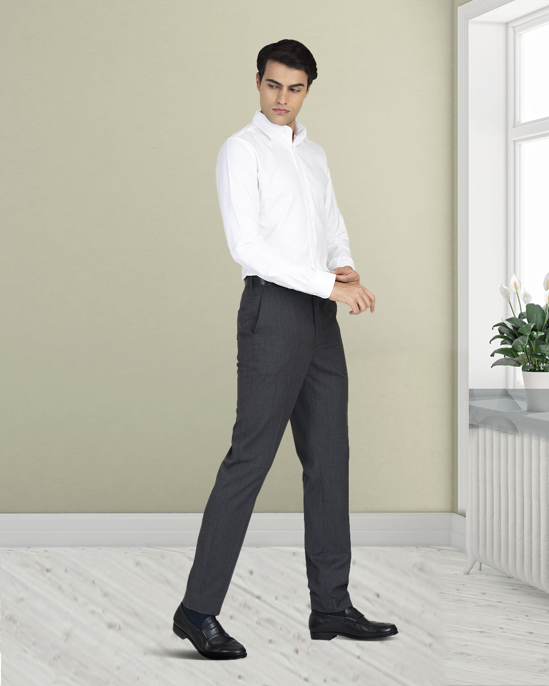Model wearing the custom oxford shirt for men by Luxire in brembana white royal 2