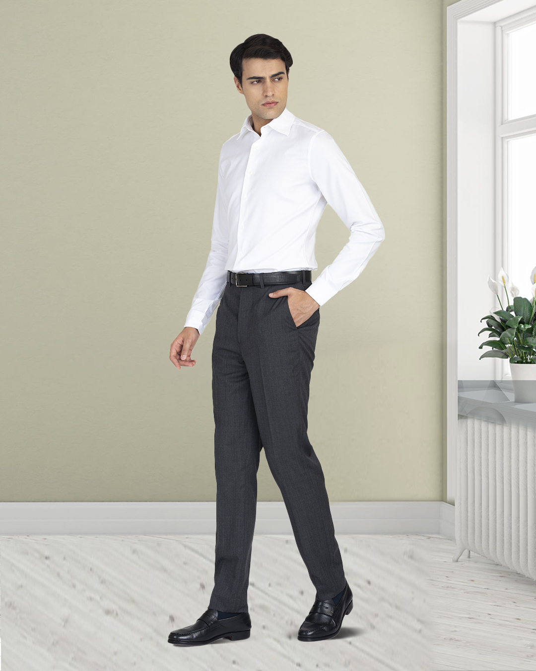 Model wearing the custom oxford shirt for men by Luxire in brembana white royal 4