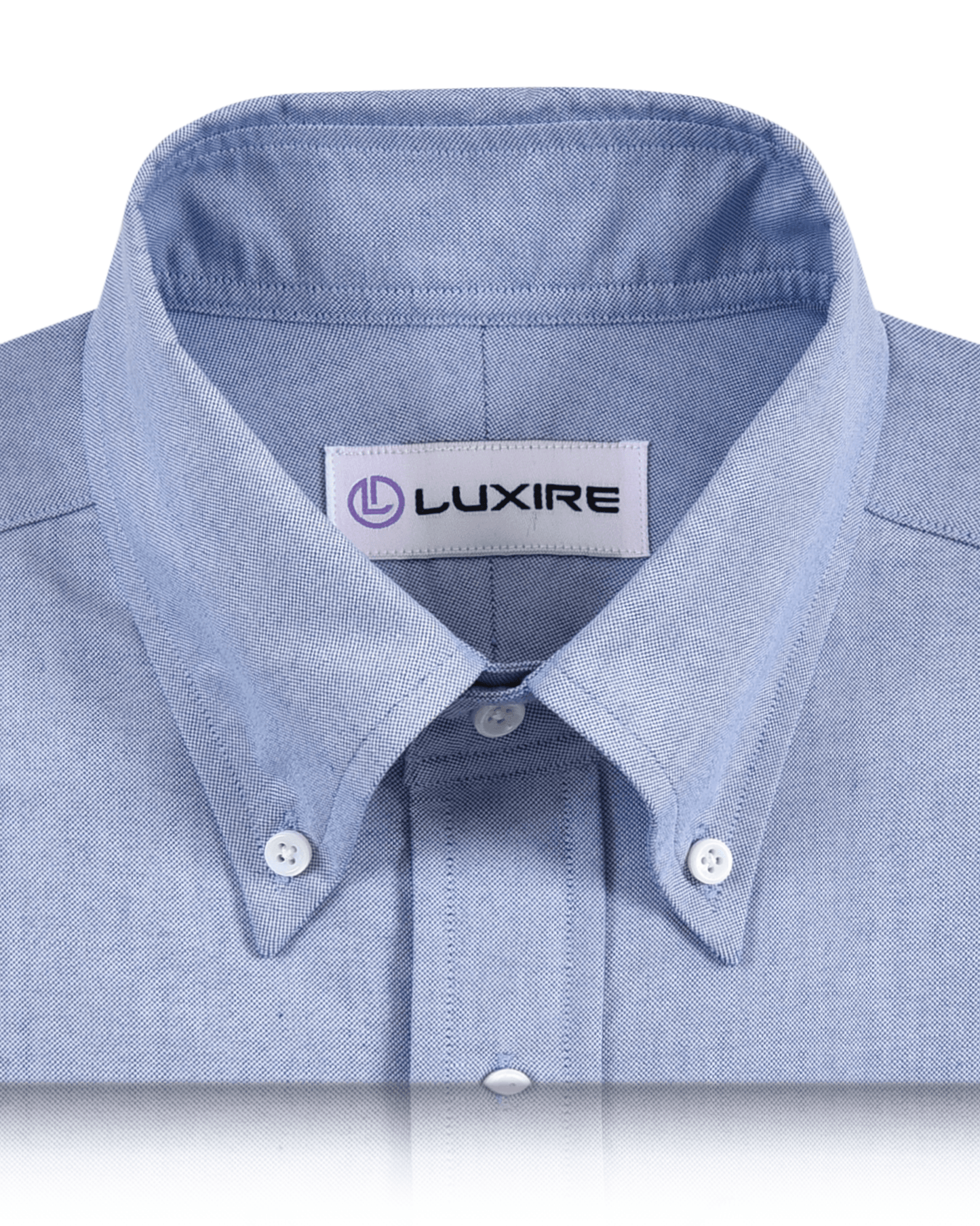 Collar of the custom oxford dress shirt for men by Luxire in classic blue