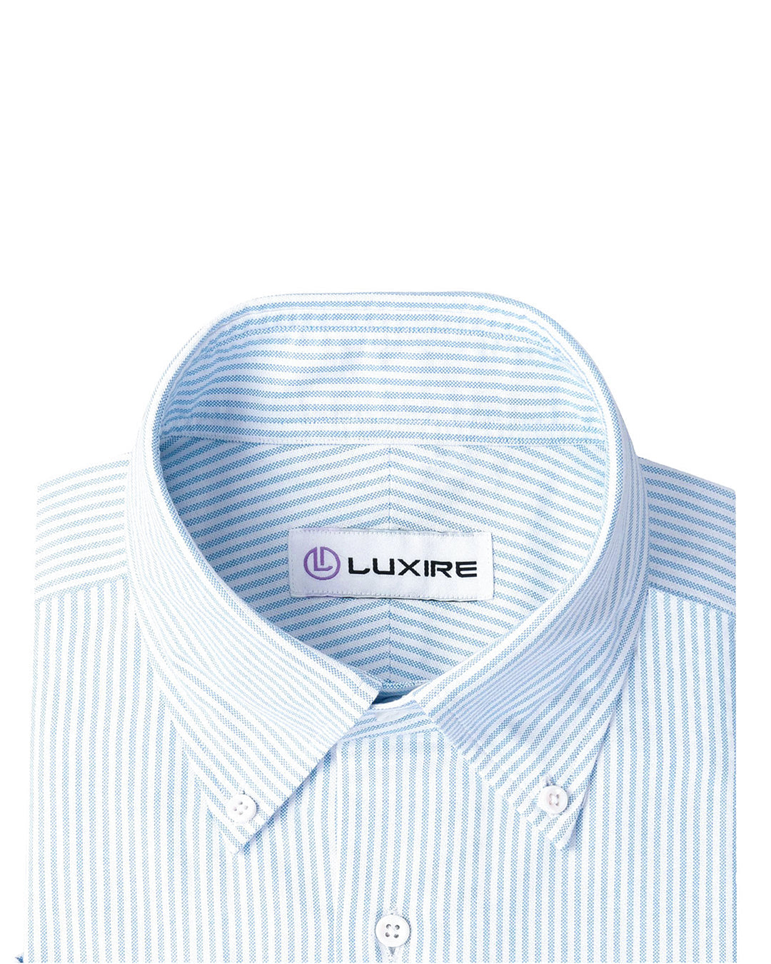Collar of the custom oxford shirt for men by Luxire in white with light blue stripes
