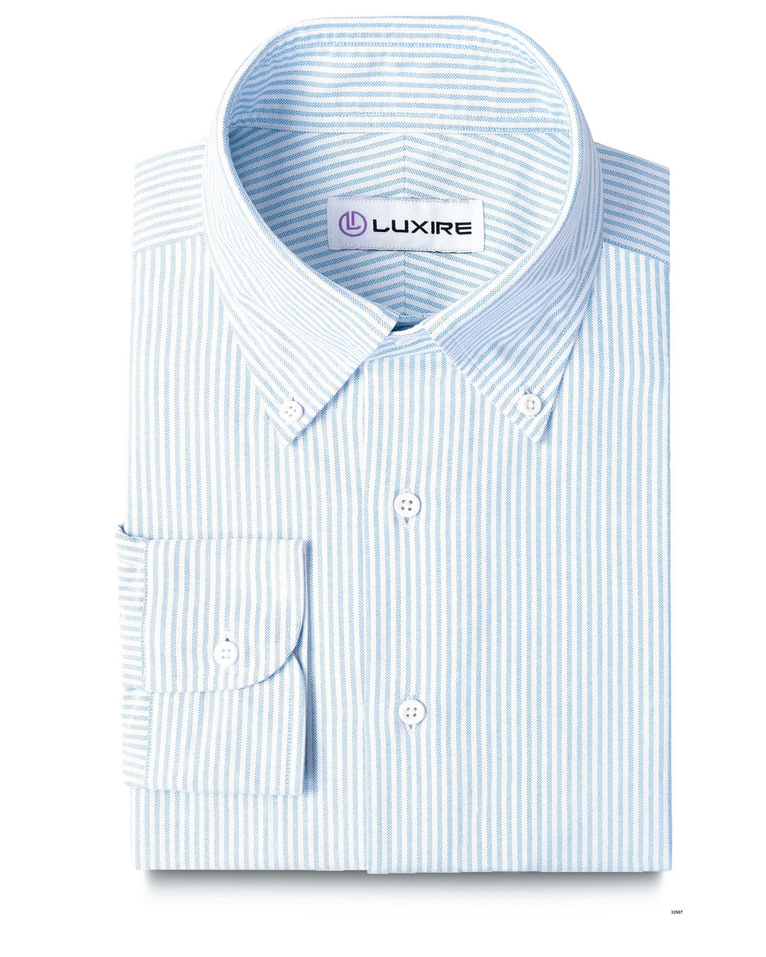 Front of the custom oxford shirt for men by Luxire in white with light blue stripes