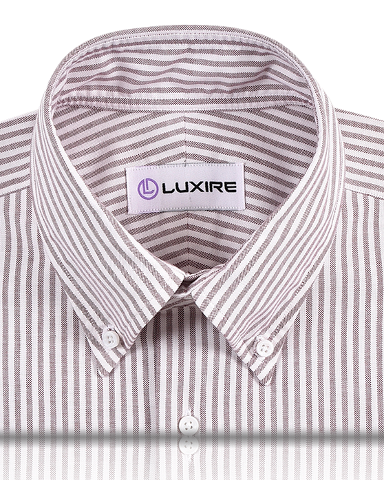 Collar of the custom oxford shirt for men by Luxire in white with maroon university stripes