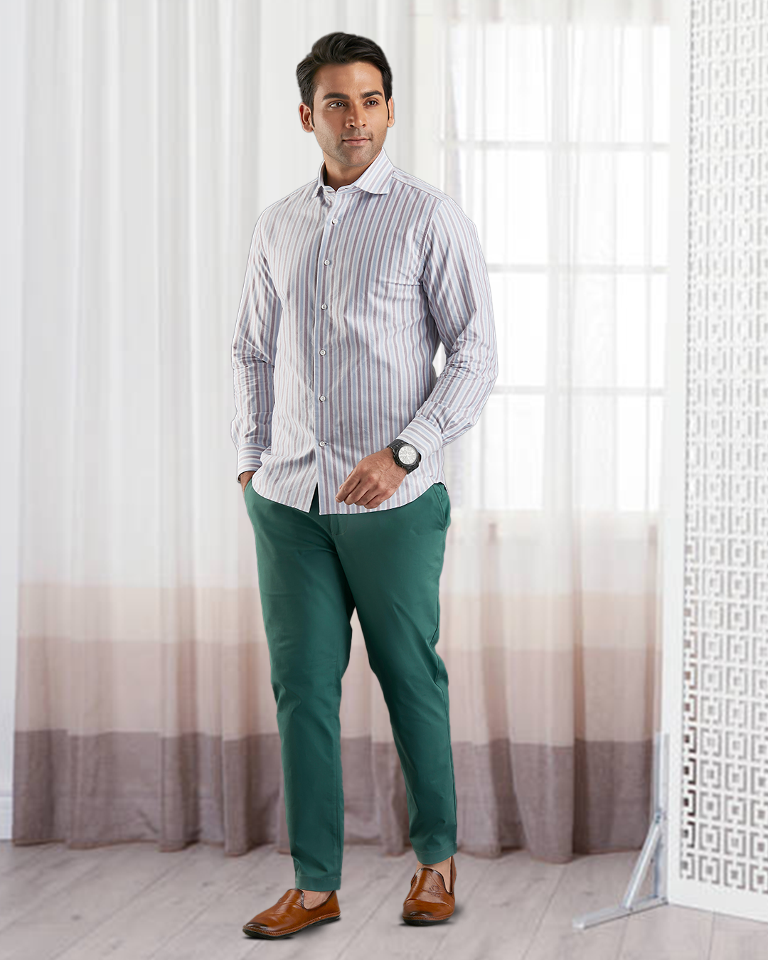 Model wearing the custom oxford shirt for men by Luxire in white with maroon and blue stripes
