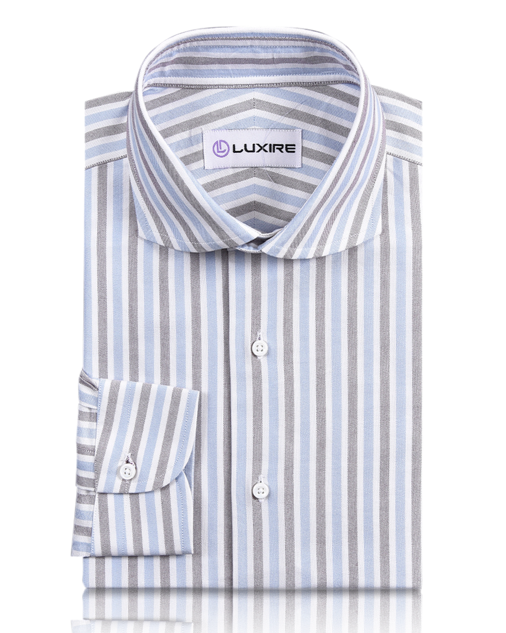 Front of the custom oxford shirt for men by Luxire in white with maroon and blue stripes