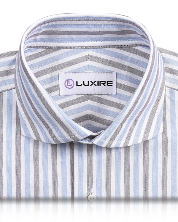 Collar of the custom oxford shirt for men by Luxire in white with maroon and blue stripes