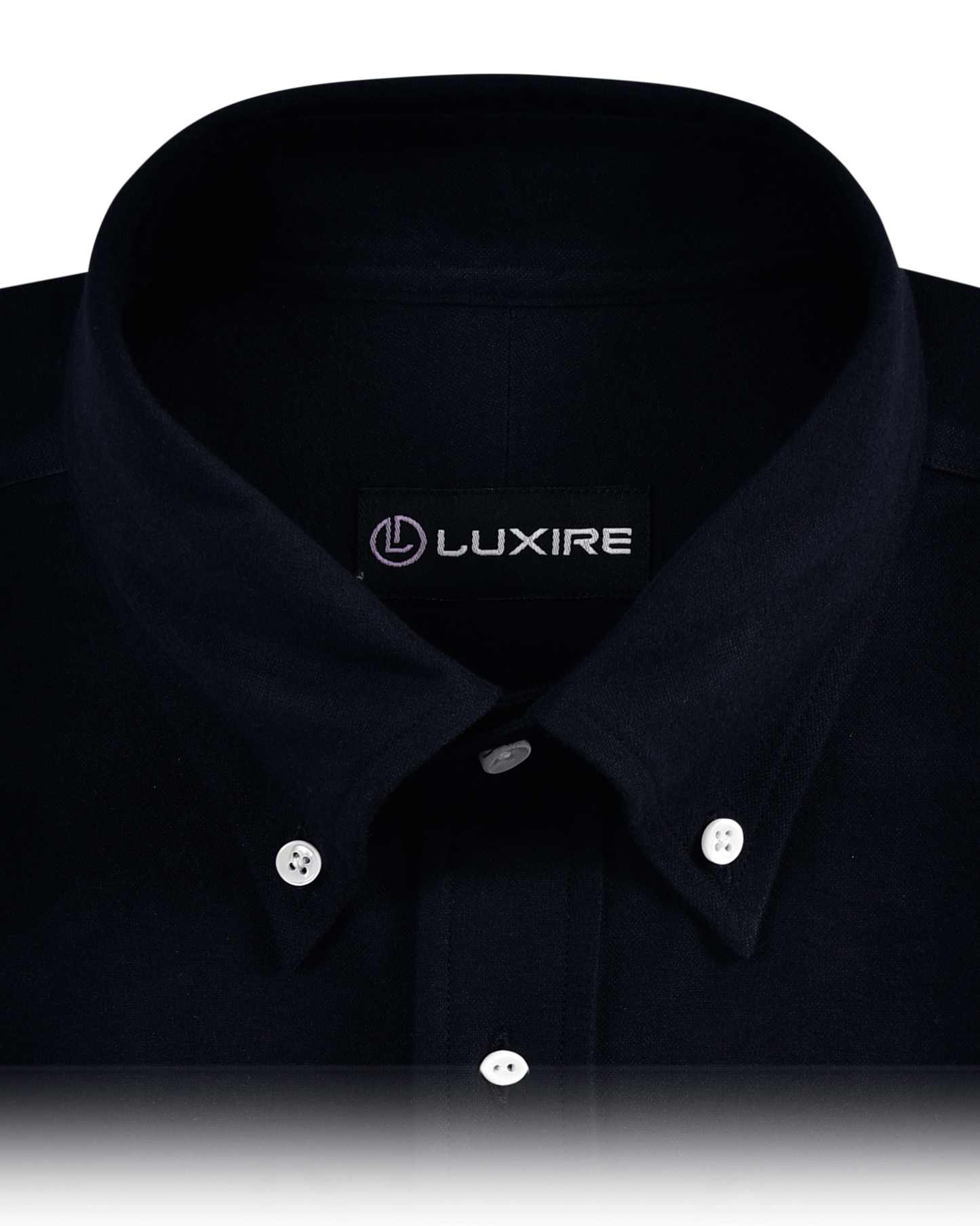 Collar of the custom oxford shirt for men by Luxire in midnight navy