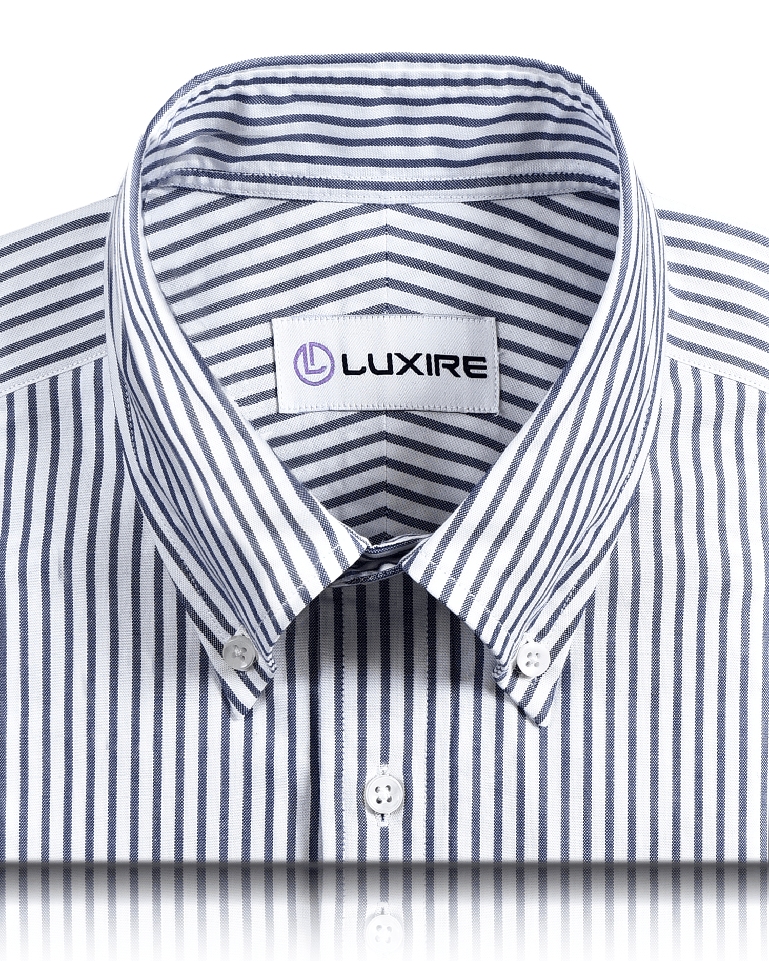 Collar of the custom oxford shirt for men by Luxire in white with navy candy stripes
