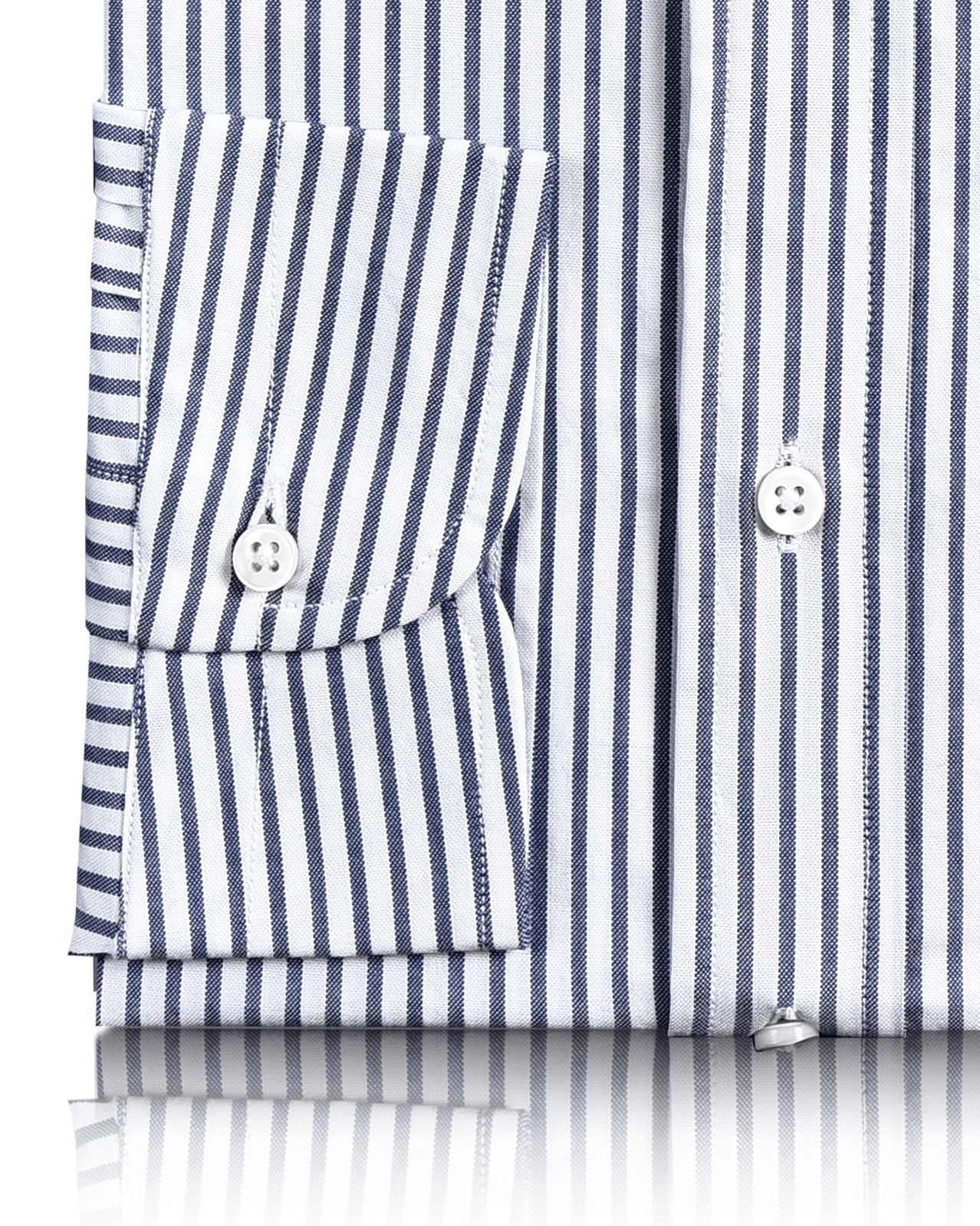 Cuff of the custom oxford shirt for men by Luxire in white with navy candy stripes