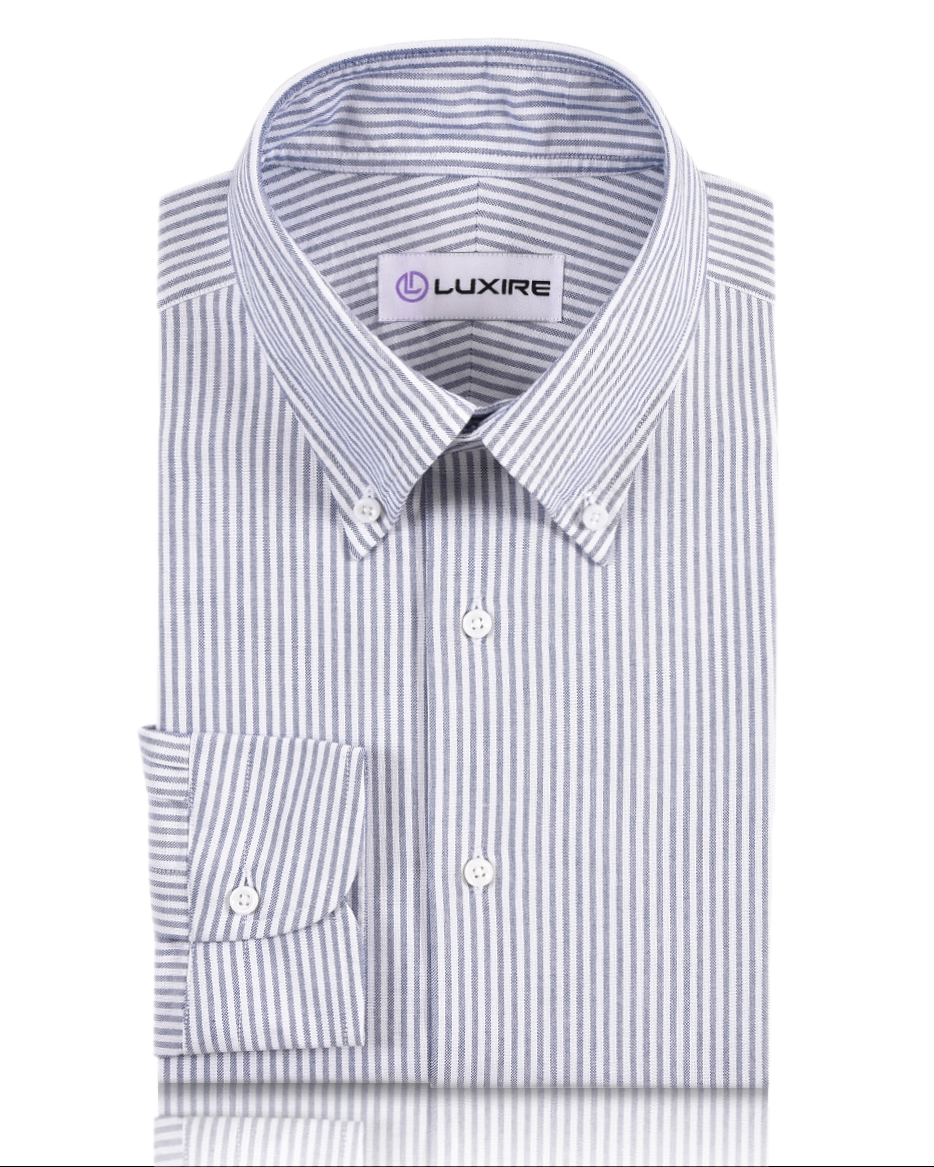 Front of the custom oxford shirt for men by Luxire with navy university stripes