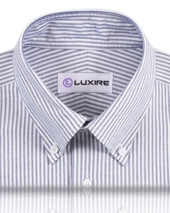 Collar of the custom oxford shirt for men by Luxire with navy university stripes