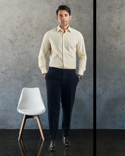 Indigo White Stripes On Pale Yellow Oxford Shirt