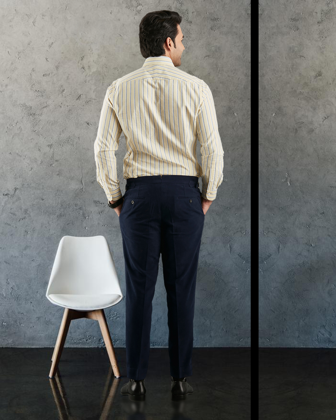 Indigo White Stripes On Pale Yellow Oxford Shirt - 4