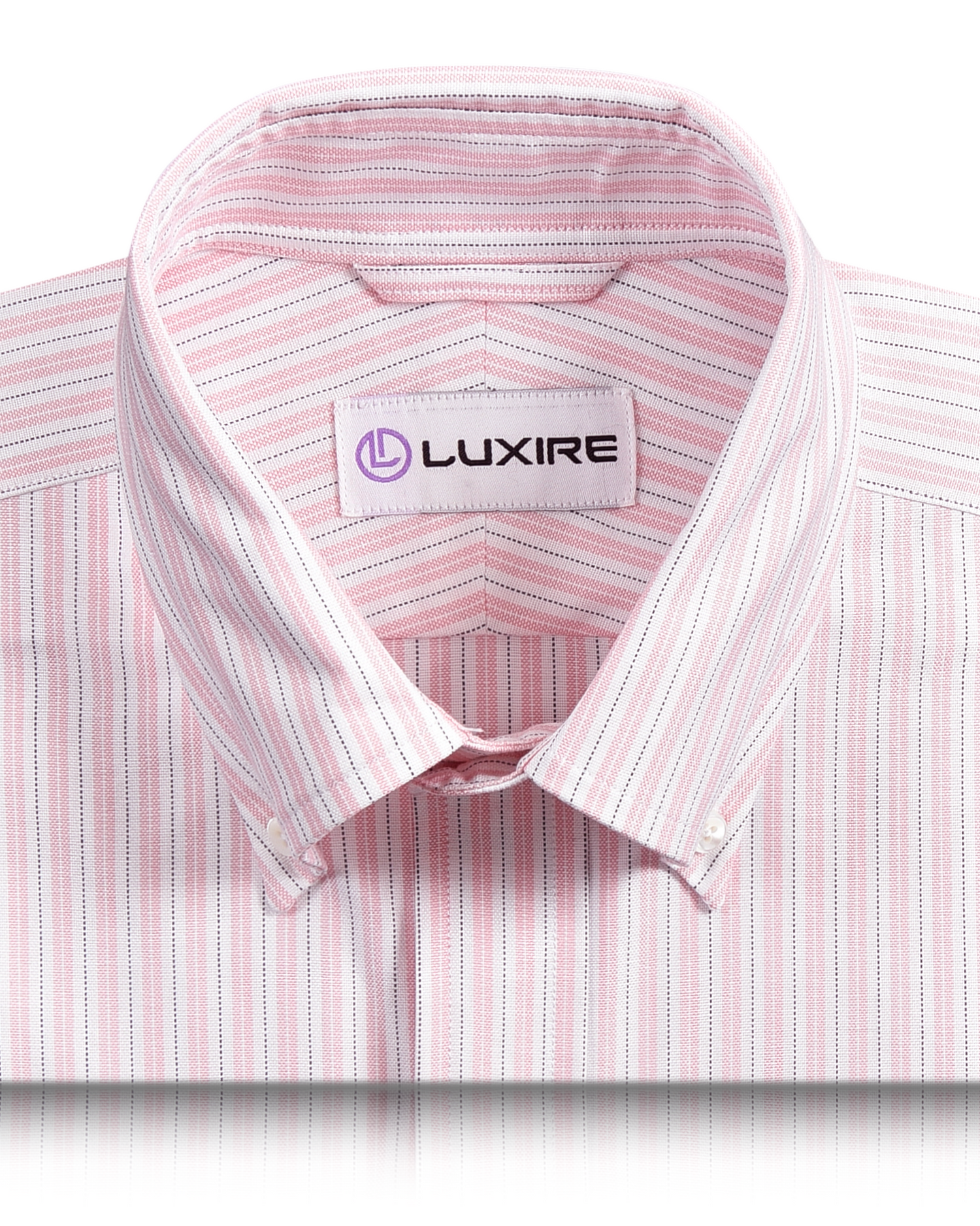 Collar of the custom oxford shirt for men by Luxire in soft pink and navy stripes