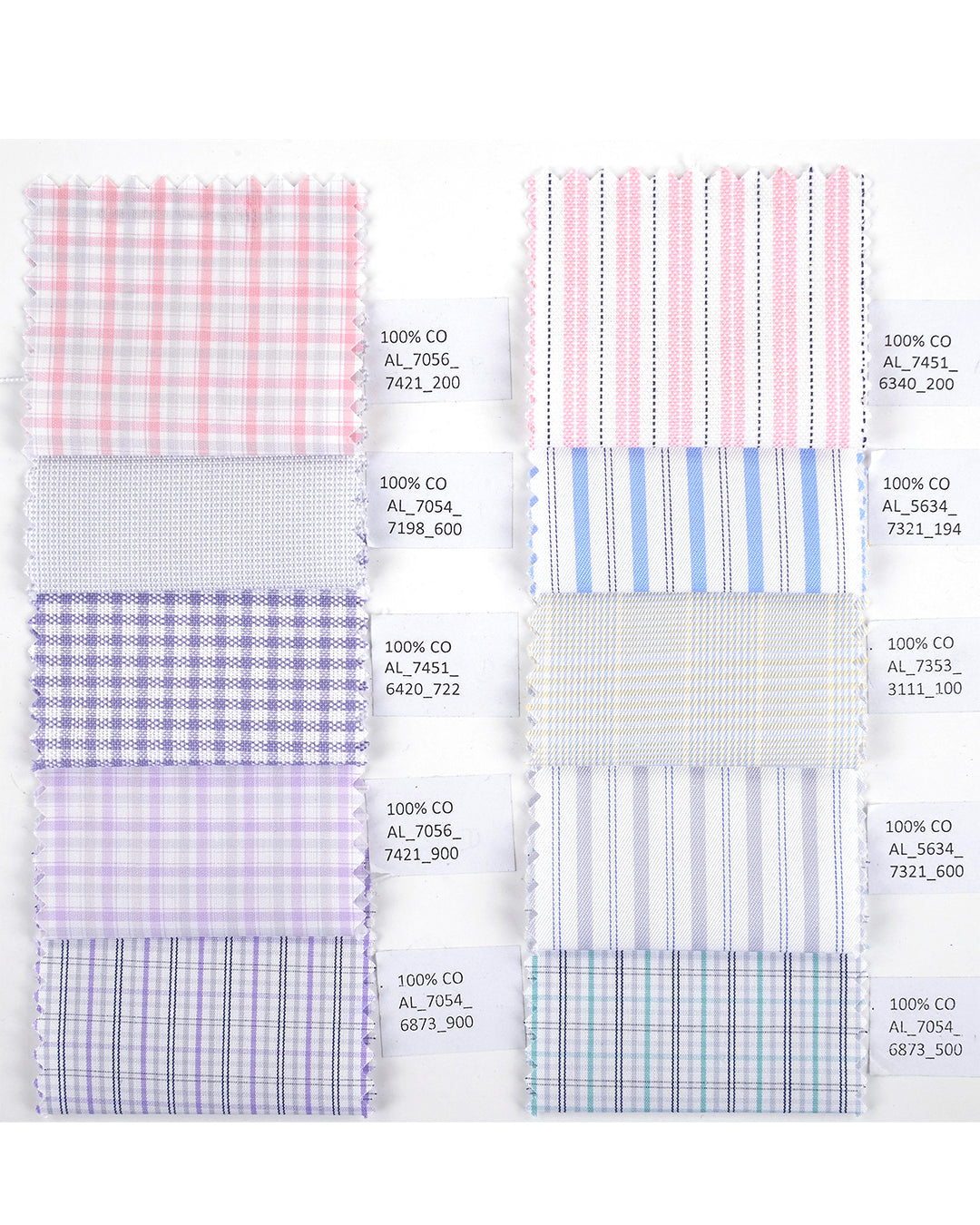 Swatches of the custom oxford shirt for men by Luxire in soft pink and navy stripes