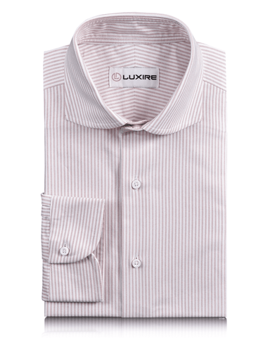 Front of the custom oxford shirt for men by Luxire in white with pink university stripes