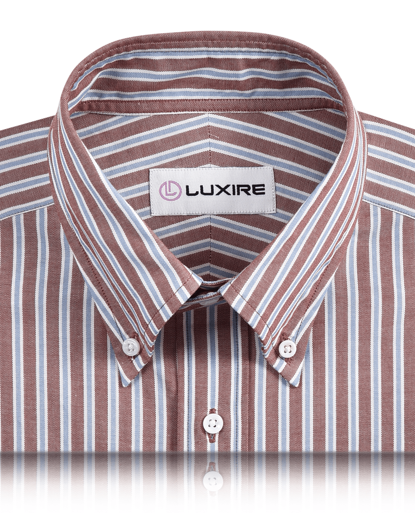 Collar of the custom oxford shirt for men by Luxire with blue white and rust stripes
